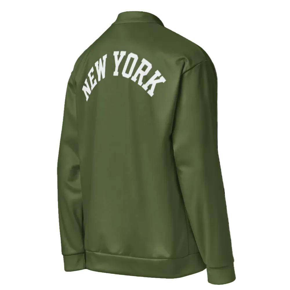 Green jacket with 'New York' text on the back against a white background